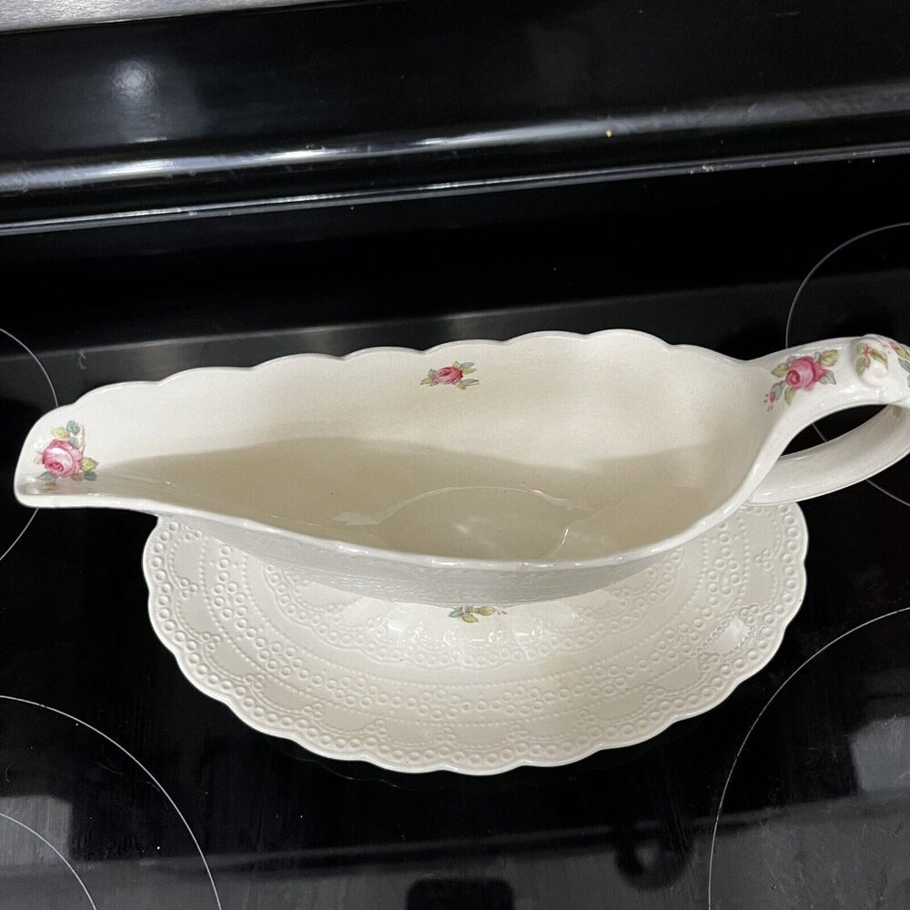 Antique Spode Jewel China BILLINGSLEY ROSE Gravy Boat w/ Underplate - Picture 3 of 11
